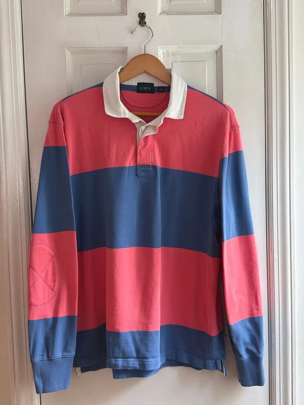 Vintage J. Crew Pink Blue Block Striped Rugby Shirt Elbow Patches Medium